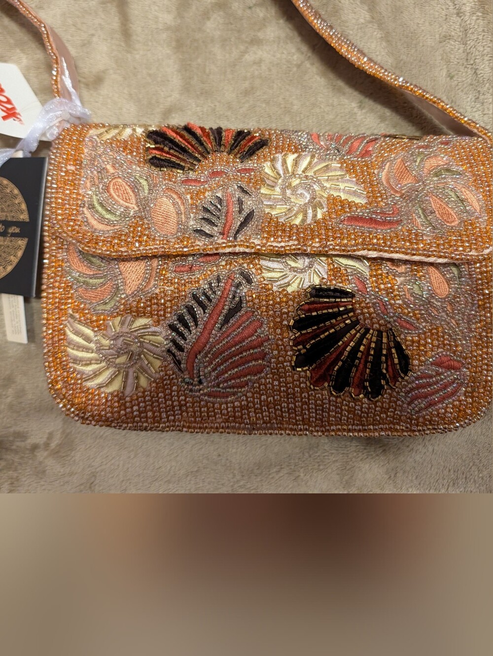 Seashell Embellished Beaded Crossbody Bag -  Pink Rose Gold Tan Seashell Design